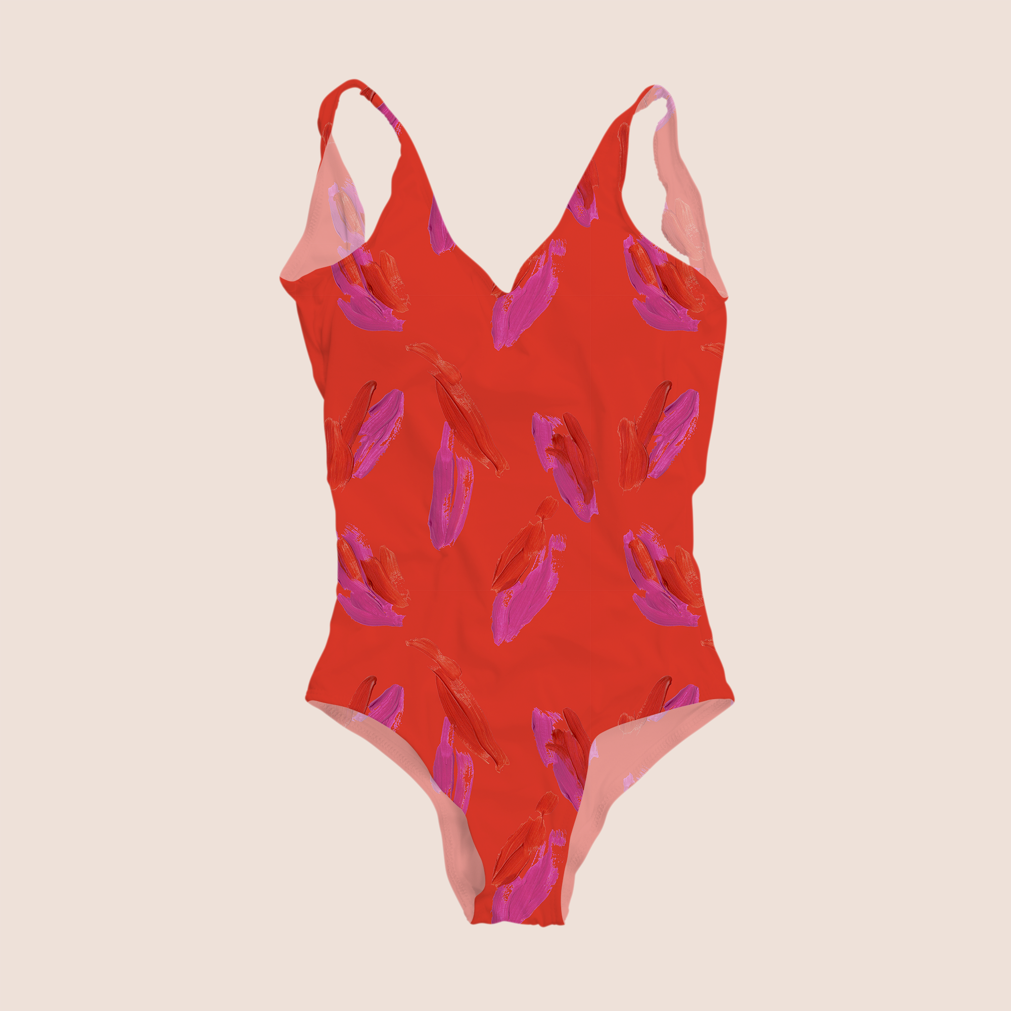 Paint brush strokes red and pink in red pattern design printed on recycled fabric lycra mockup