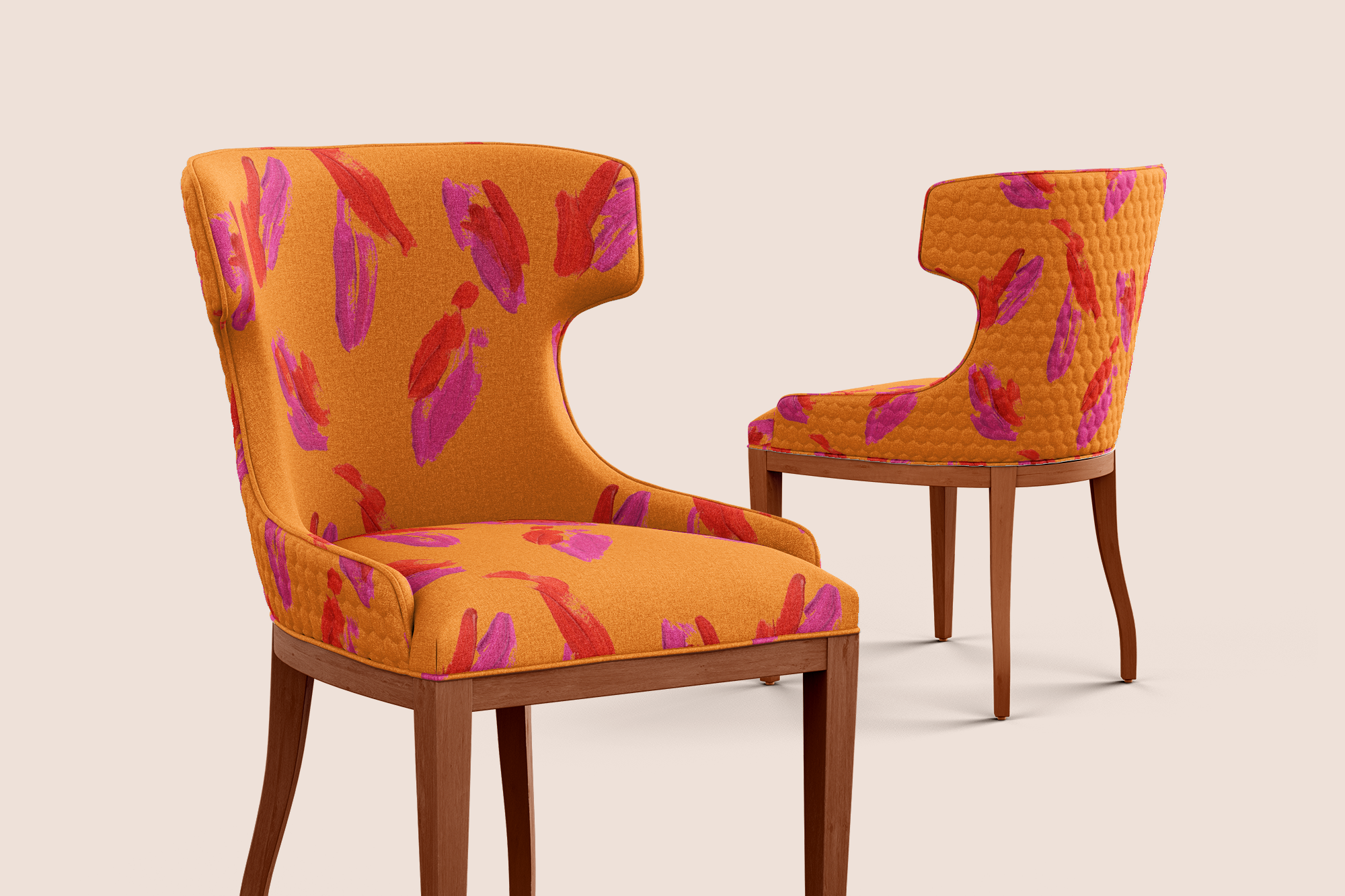 Paint brush strokes red and pink in orange pattern design printed on recycled fabric upholstery mockup