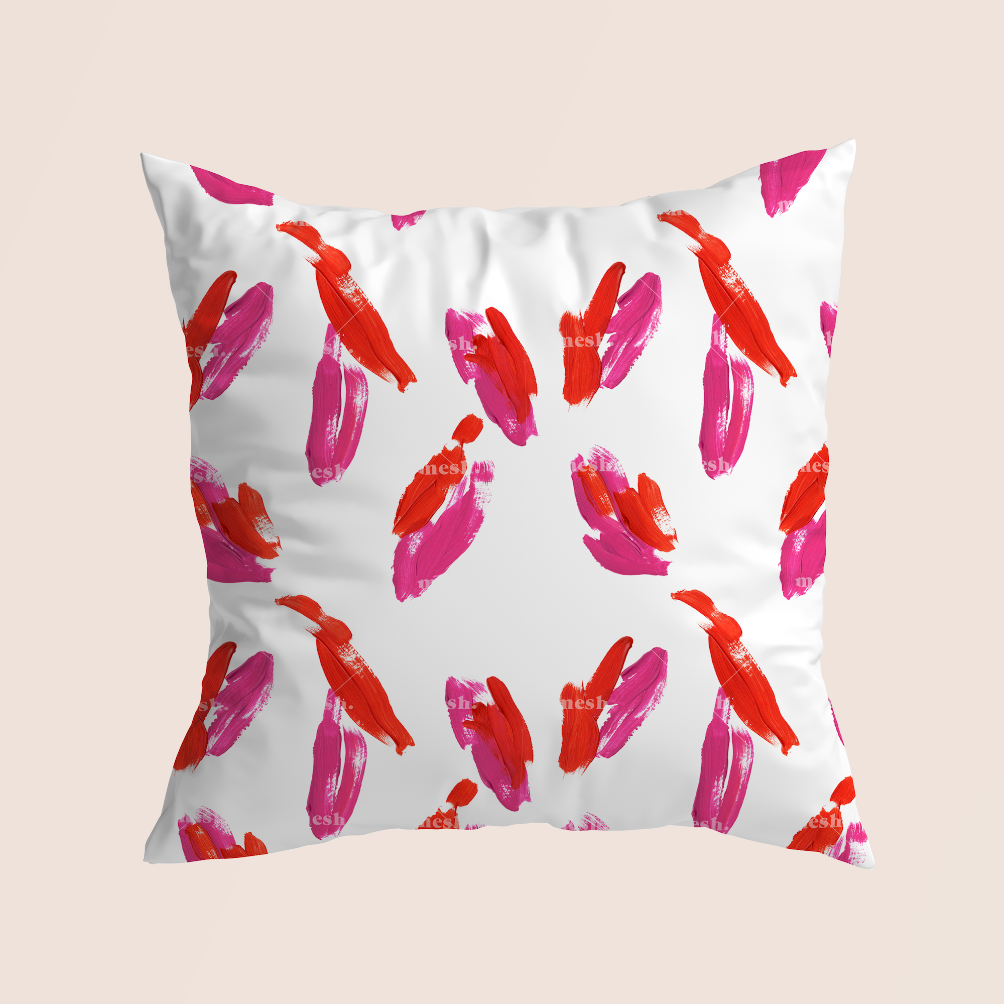 Paint brush strokes red and pink in white pattern design printed on recycled fabric pillow mockup