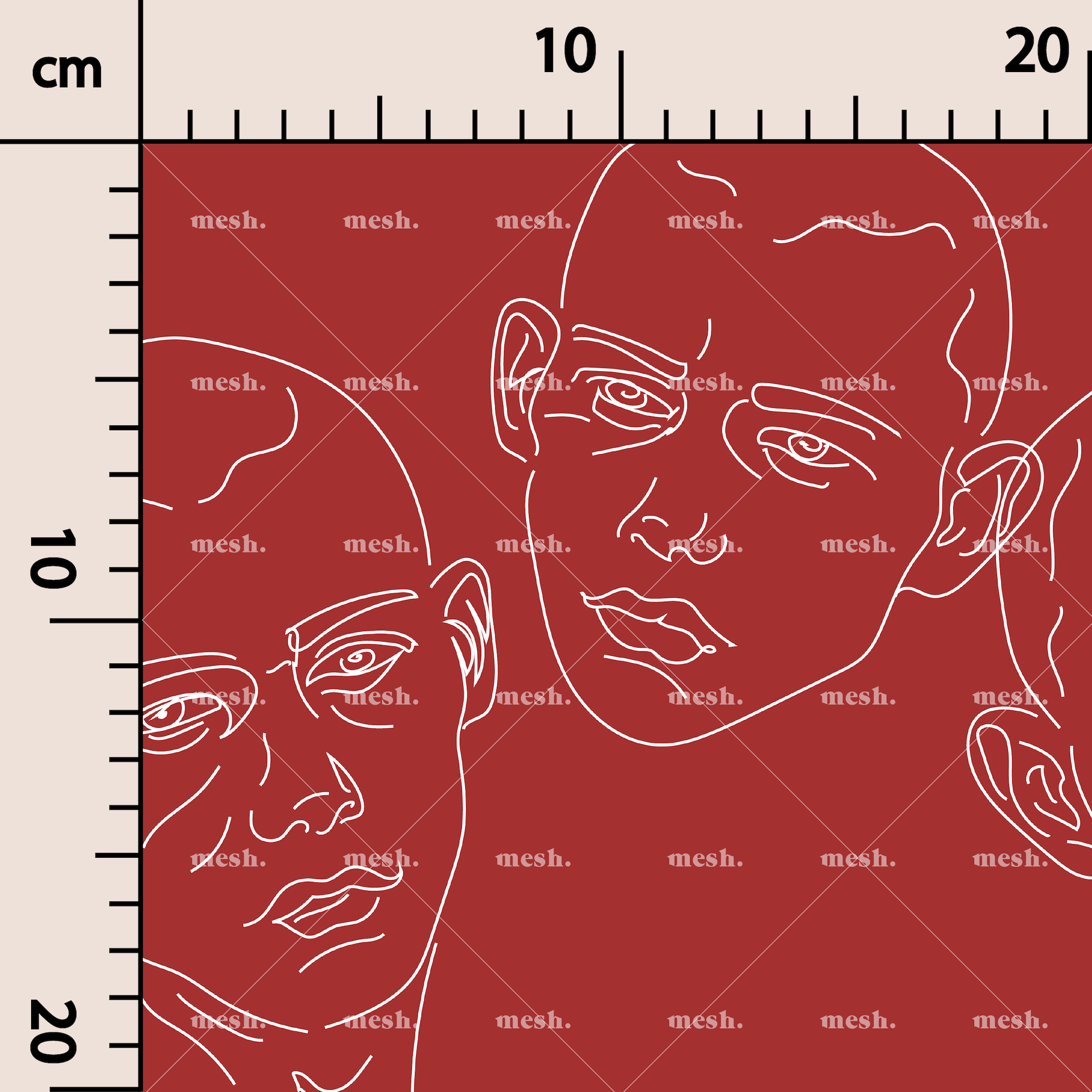 Man faces colour in red pattern design printed on recycled fabric sample