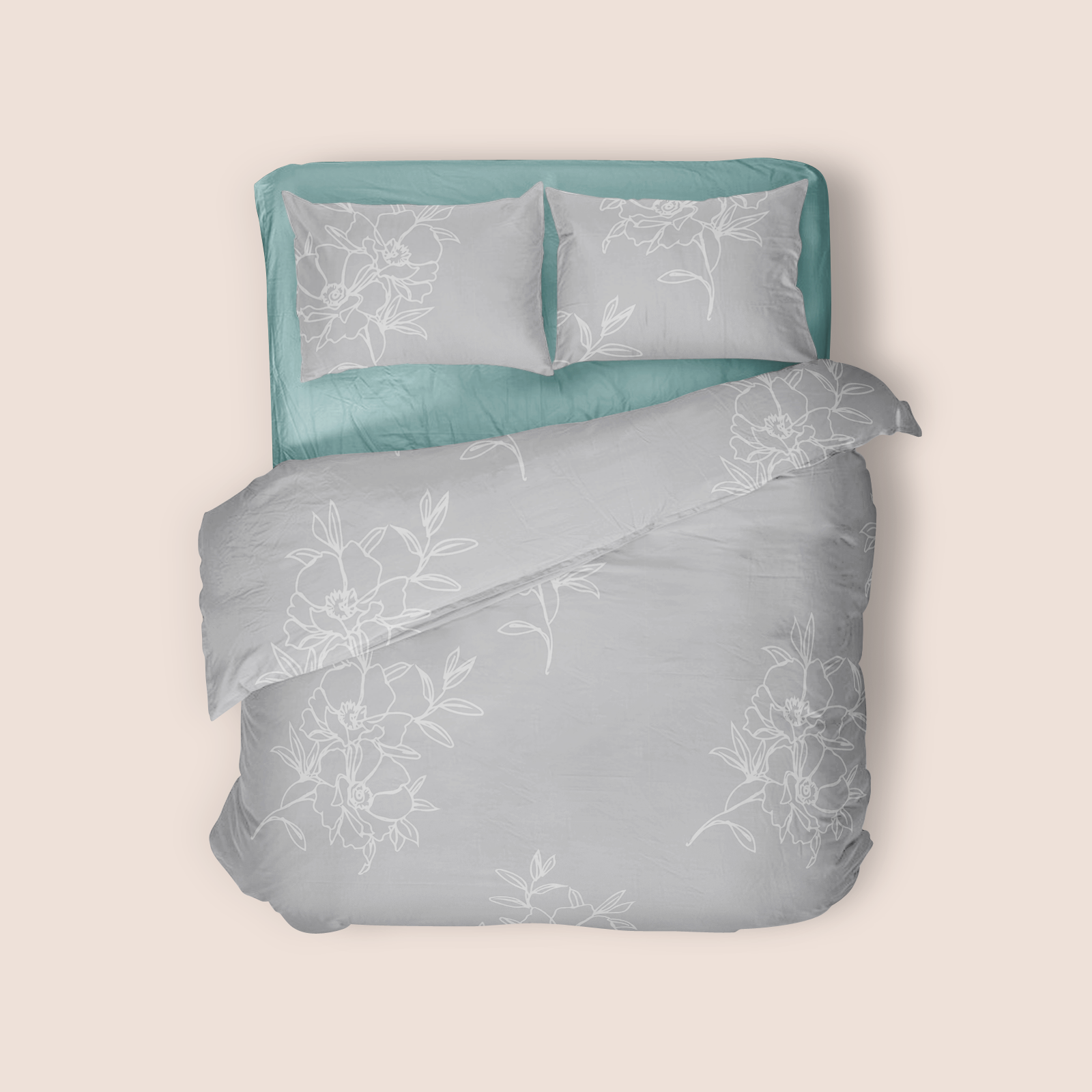 Floral dream pastel in grey pattern design printed on recycled fabric bed mockup