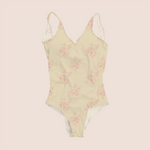 Load image into Gallery viewer, Floral dream pastel in beige pattern design on recycled fabric swimwear mockup
