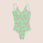 Load image into Gallery viewer, Digital bubbles in green pattern design printed on recycled fabric swimwear mockup
