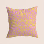 Load image into Gallery viewer, DNA map in pink on yellow pattern design printed on recycled fabric home decor mockup
