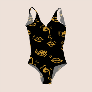 Human expressions in black recycled fabric swimwear