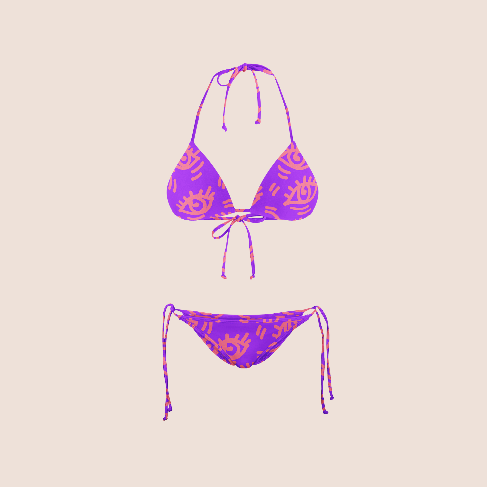 All eyes millennial in purple pattern design printed on recycled fabric bikini mockup