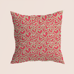 Load image into Gallery viewer, Hearts millennial in pink pattern design printed on recycled fabric pillow mockup
