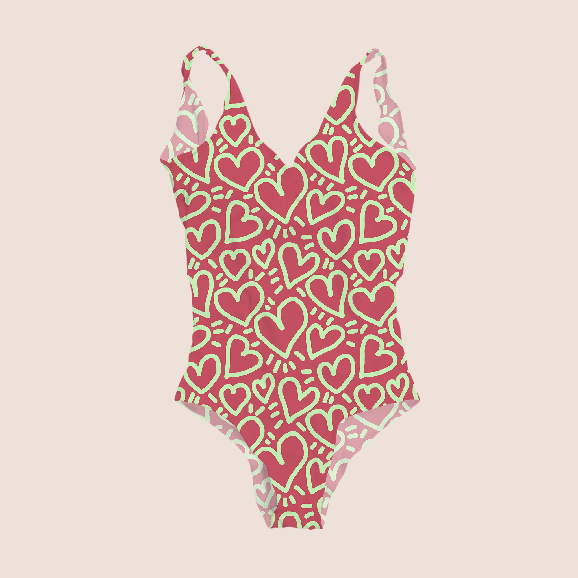Hearts millennial in pink pattern design printed on recycled fabric swimsuit mockup