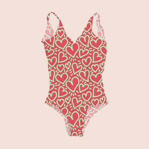 Hearts millennial in pink pattern design printed on recycled fabric swimsuit mockup