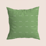 Load image into Gallery viewer, Aligned dots in green pattern design printed on recycled fabric pillow mockup
