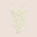 Load image into Gallery viewer, Messy dots in green on beige pattern design printed on recycled fabric lycra mockup
