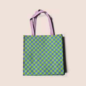 Chess mood blue and green pattern design printed on recycled fabric canvas mockup