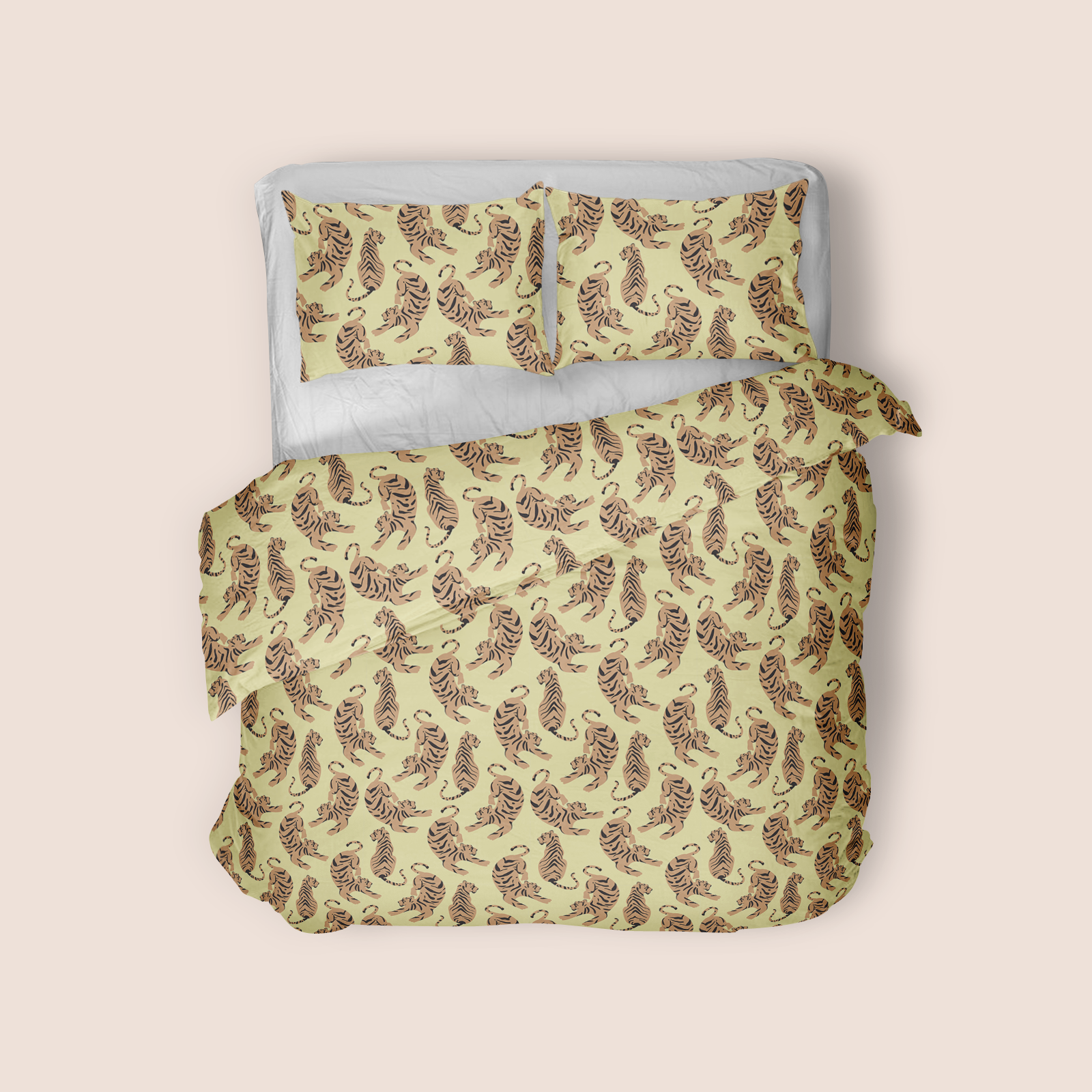 Tigers everywhere basic in yellow pattern design printed on recycled fabric home mockup