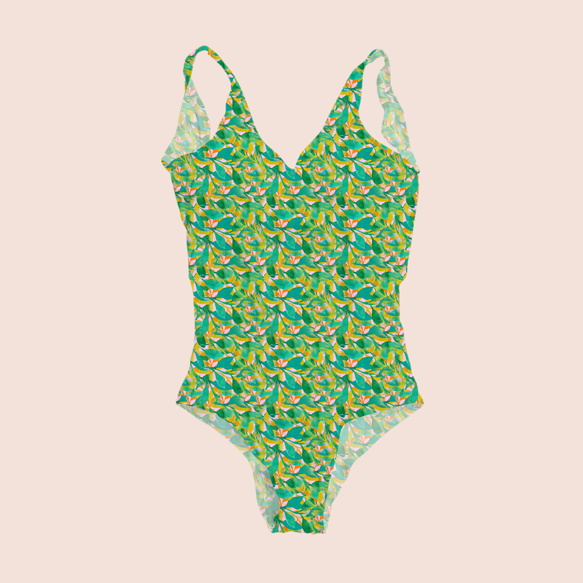 Tropical feel in green pattern design printed on recycled fabric swimwear