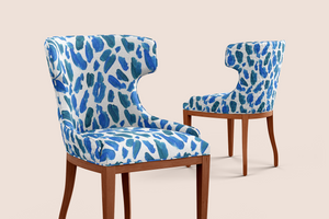 Paint brush strokes blue in white pattern design printed on recycled fabric upholstery mockup