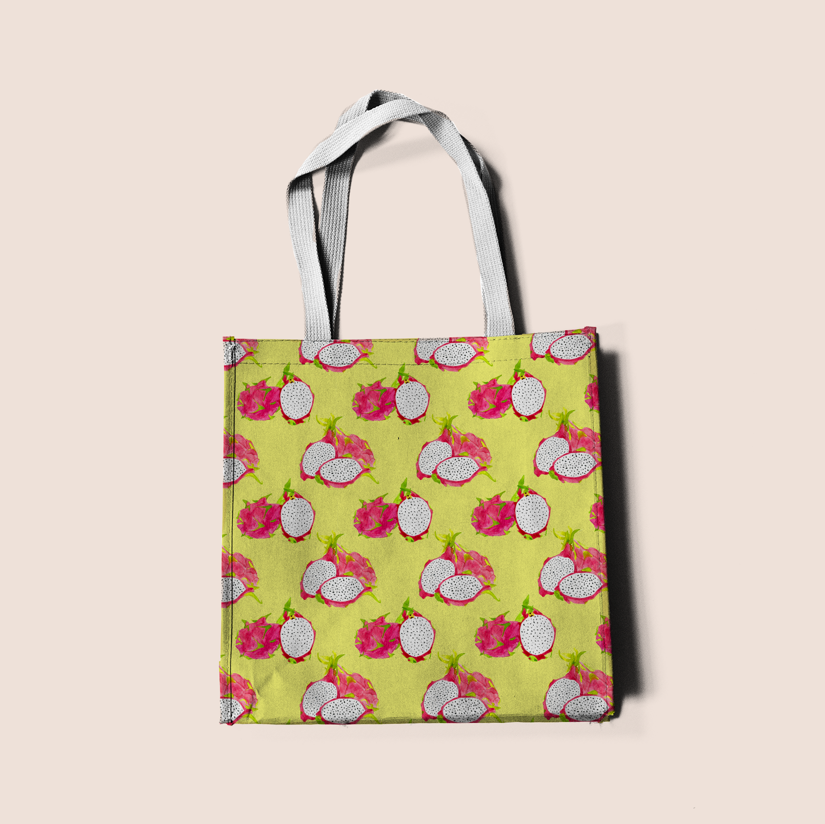 Dragon fruit big in yellow pattern design printed on recycled fabric canvas mockup