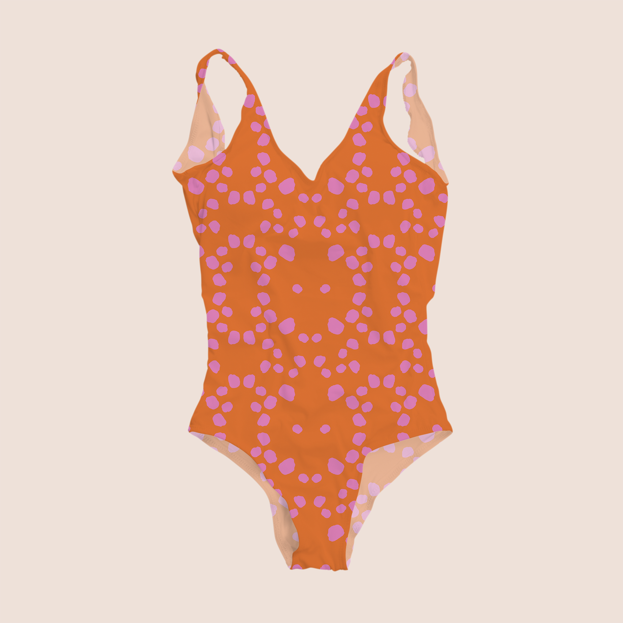 Animal skin digital in pink on orange design printed on recycled fabric swimsuit mockup