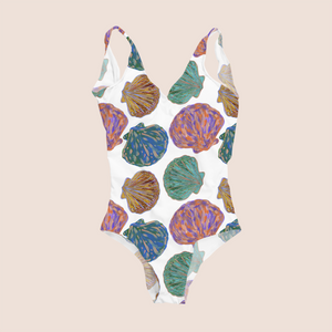Coloured seashells in white pattern design printed on recycled fabric lycra mockup