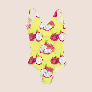 Dragon fruit big in yellow pattern design printed on recycled fabric swimwear mockup