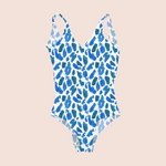 Load image into Gallery viewer, Paint brush strokes blue in white pattern design printed on recycled fabric swimwear mockup
