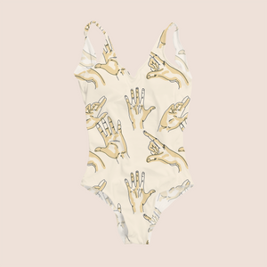 Gestures highlight in beige recycled fabric swimwear mockup