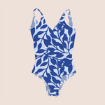 Load image into Gallery viewer, Tropical leaves in blue printed recycled fabric in swimwear mockup
