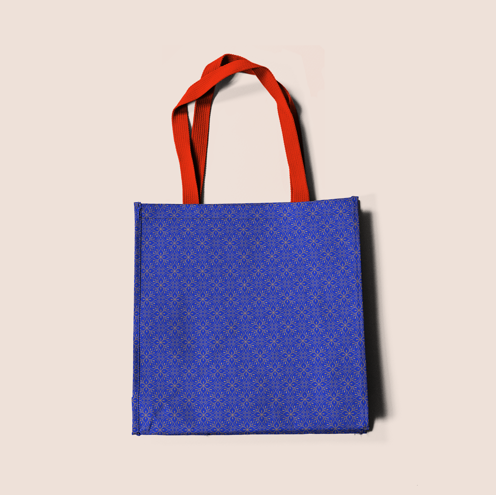 Golden arabesque in blue pattern design printed on recycled fabric bags
